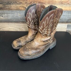 WOLVERINE Mens Brown Leather Rancher Square Toe 9 EW Wellington Steel Toe Boots